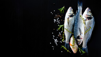 Fresh fish dorado. Dorado and ingredients for cooking on a table. Fresh raw dorado fish with spices and herbs on black background. Top view, copy space