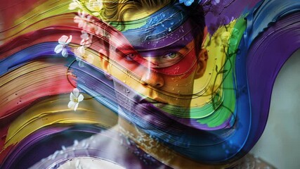 Starting rainbow-colored brushstroke gradually revealing male model face in studio, with blossoms - Powered by Adobe