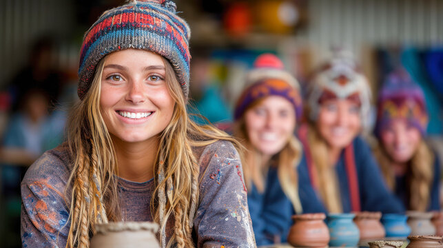 Young woman with long hair and colorful beanie smiles while working on pottery, surrounded by fellow artists in a creative studio, showcasing artistic collaboration and joy