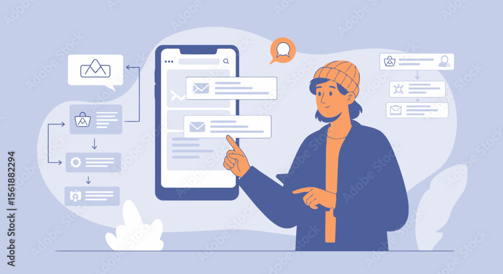 Poster woman optimizing mobile app experience showing user journey and engagement elements