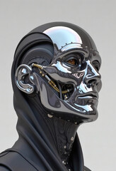 High-Tech Chrome Cyborg Profile with Biomechanical Features and Reflective Surface Details