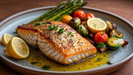 Baked fish fillet with roasted vegetables and lemon slices on a ceramic plate.