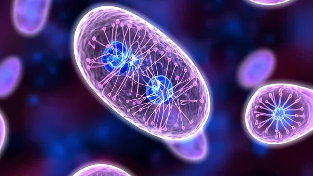 Illustration of bacteria with a focus on cellular processes like division and internal structures.
