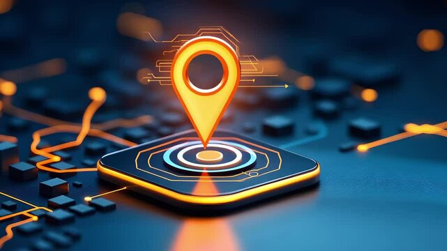 A stylized location pin icon on a digital map background, symbolizing navigation and geolocation technology.