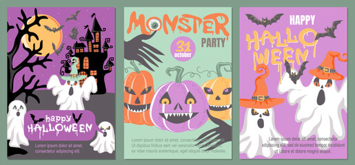 Set of trendy vertical templates for Happy Halloween with ghosts, bats and scary pumpkin. Great for invitation, greeting cards, flyers, banners and posters. Vector illustration
