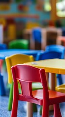 Vibrant classroom furniture with colorful plastic chairs and tables, creating a playful and inviting learning environment for young children in a blurred background setting.