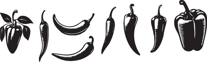 Set of hot chili silhouette peppers, isolated