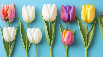 Fototapeta premium Vibrant Colorful Tulip Flowers Row Spring Blossom