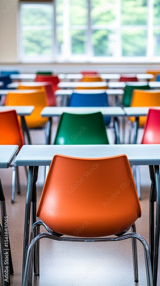 Poster modern classroom interior with vibrant colored chairs arranged in rows, showcasing an empty learning