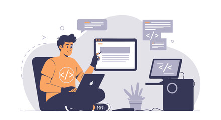 Freelance Programmer Coding With Laptop From Home For Remote Working