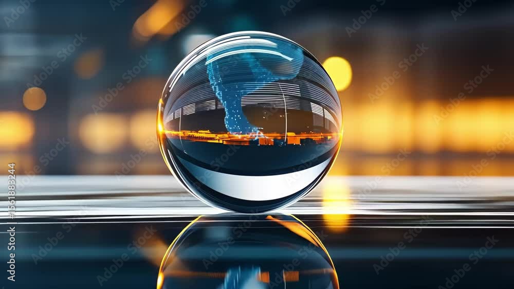 Poster a glass sphere reflecting lights and abstract shapes, creating a captivating and colorful optical ef