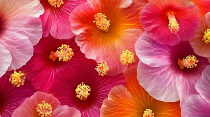 Fototapeta premium Vibrant hibiscus flowers bloom in a stunning array of pink, red, and orange hues, showcasing delicate petals and golden yellow stamens in a mesmerizing floral composition.