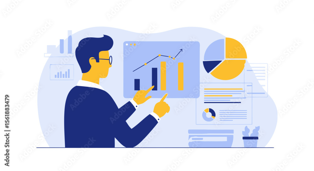 Poster analyzing business data illustration with charts and graphs for financial decisions