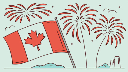 canada day celebration with canadian flag and fireworks in the sky above it