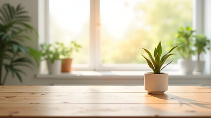 Empty surface of wooden table in bright room. Sunlight coming through window illuminates small potted plant.  Space for product presentation
