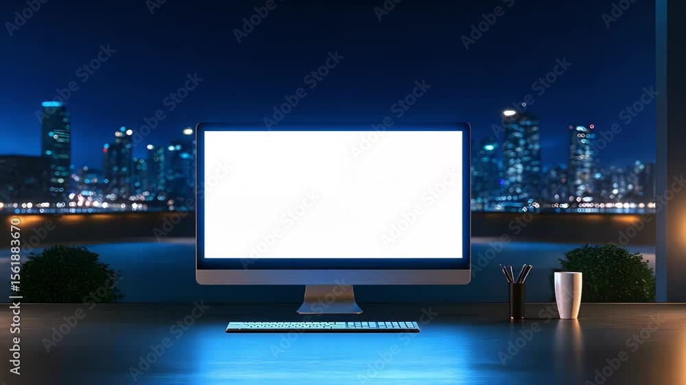 Poster a blank computer screen on a desk with a city skyline at night visible through a window. decorative 