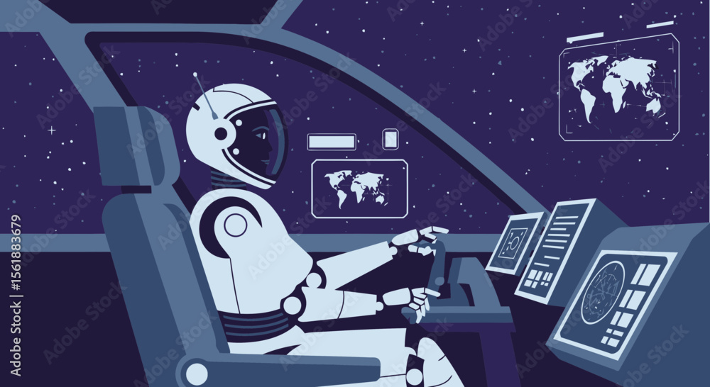 Aufkleber android pilot navigating spaceship through starry cosmos for interstellar exploration
