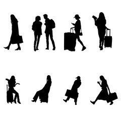 Silhouettes of travelers and pedestrians with luggage in various walking and waiting poses, ideal for travel infographics, airport wayfinding designs, and urban planning visualizations.