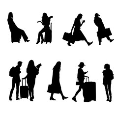 Silhouettes of travelers and pedestrians with luggage in various walking and waiting poses, ideal for travel infographics, airport wayfinding designs, and urban planning visualizations.
