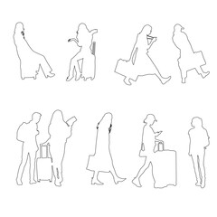 Clean line art silhouettes of people in various seated and walking positions viewed from above, ideal for floor plans, wayfinding systems, and modern infographics.

