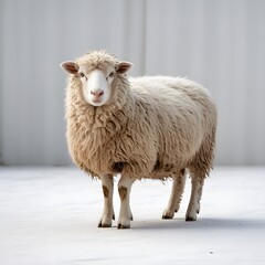 Fototapeta premium A fluffy sheep stands calmly on a bright, minimalist surface, its woolly coat contrasting with the clean, stark white background, creating a serene scene of rural life.