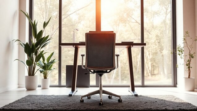 A serene home office setup promotes wellness, displaying a modern desk, ergonomic chair, and lush potted plants under soft sunlight filtering through a large window, creating a calming workspace.