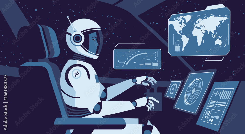 Poster artificial intelligence driven spaceship pilot navigating through the starry universe