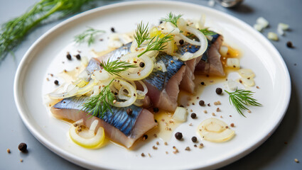 Delicious pieces of salted herring fish fillet with onion, oil and spices on a white plate on dark background. menu, recipe. Fillet of salted marinated Atlantic herring with onion and pepper
