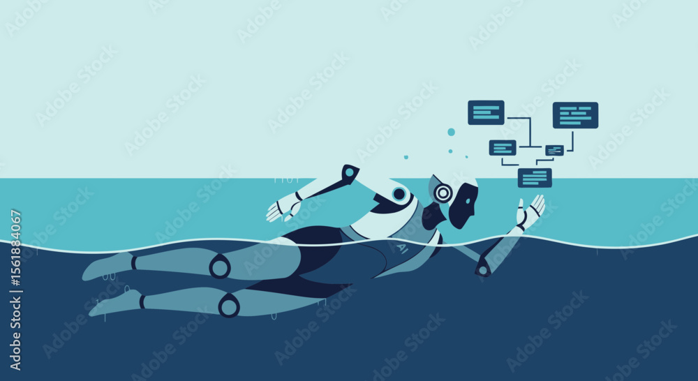 Aufkleber artificial swimmer analyzing data while floating in the water under a sunny sky