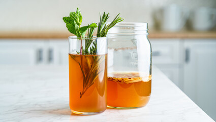 Homemade fermented kombucha tea in a glass jar on a white kitchen background. Glass of Healthy homemade fermented raw kombucha tea, with natural probiotic characteristics. Rosemary and mint flavored