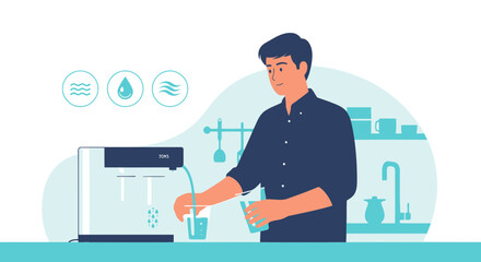 Man Filling Glass With Purified Water From Modern Dispenser At Home Kitchen