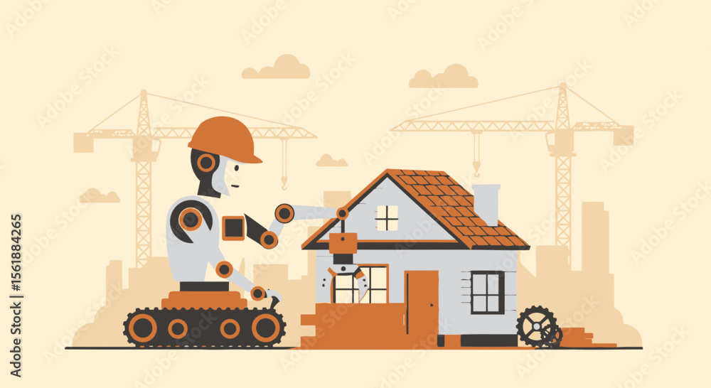 Aufkleber automated construction: a robot building a house with cranes in the background