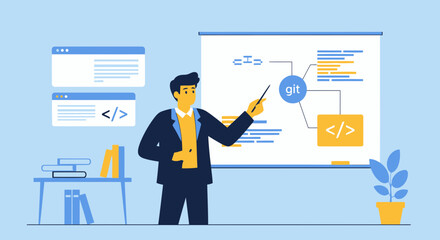 Lecturer Explaining Git Concepts On Whiteboard During Programming Course Presentation