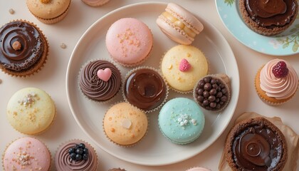 Flat lay of assorted desserts including macarons, cupcakes, and chocolate tarts on pastel plate, soft natural light, light beige background