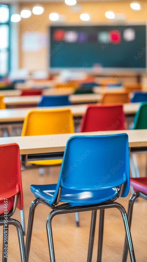 Poster empty classroom with colorful chairs arranged in rows, soft focus on chalkboard, warm lighting creat