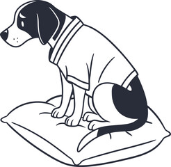 Cute dog wearing sweater sitting on pillow – cozy pet care and dog fashion vector illustration