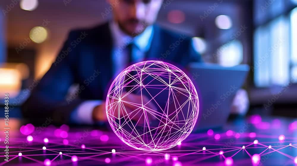 Poster a person in a suit interacts with a tablet, with a glowing, connected globe visual in the foreground