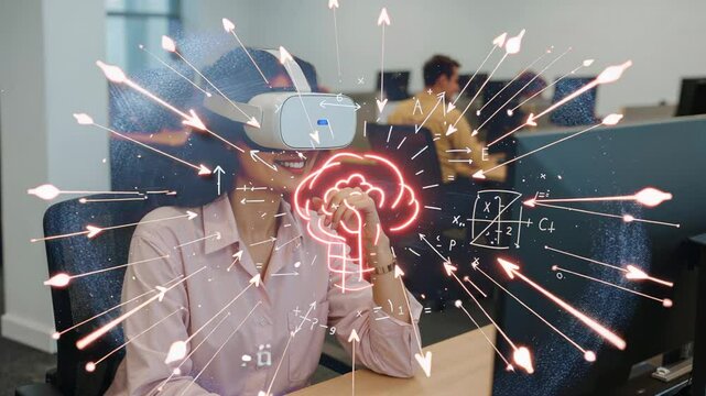 Touching chin, blouse-wearing woman using VR headset at desk with neon arrows, equations swirling