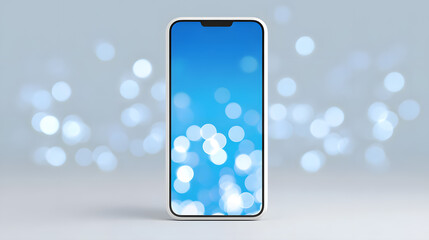 A white smartphone with a white background and blue light bokeh, viewed from the front, in a hyper-realistic style