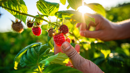Harvesting fresh organic raspberries. Farmer's hands picking ripe raspberries close-up. Raspberry bushes during golden hour in a lush field. vegetarian home grown food production, organic farming