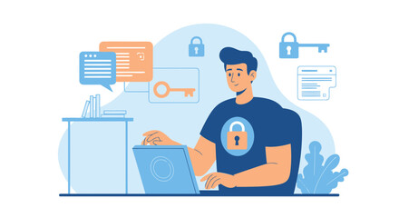 Fototapeta premium Man Securing Data On His Laptop With Digital Protection Measures Illustration
