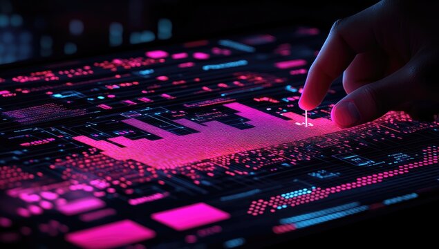 A hand touches a glowing bar graph on a digital circuit board