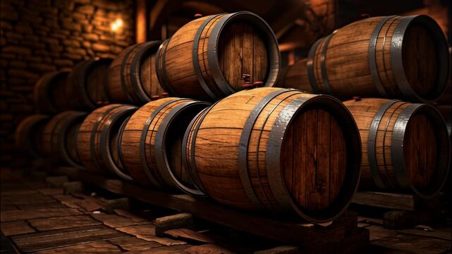 Wine cellar with vintage wooden barrels, old warehouse in underground of winery. Old oak casks with whiskey and rum in dark storage
