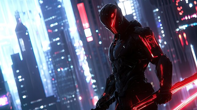 Futuristic robot warrior in night city