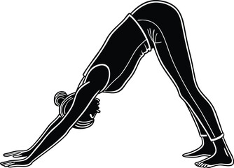Silhouette of woman in downward-facing dog yoga pose – Adho Mukha Svanasana vector illustration for fitness and wellness