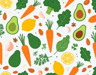 Seamless pattern with vegetables and fruits, including carrots, avocados, lemons, garlic, almonds, broccoli, and herbs.