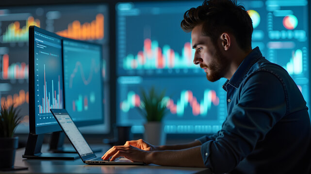 Individually engaged in focused work on a laptop in a contemporary office filled with dynamic data visualizations, analyzing graphs and information
