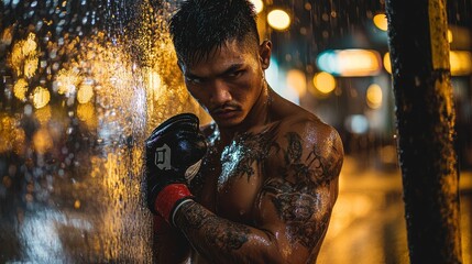 Young Tattooed Thai Athlete in the Rain at Night