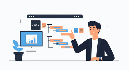 Modern Businessman Presenting Data Analysis and Project Workflow Management