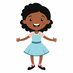 Fototapeta premium happy black girl, African American girl, dark skin girl, smiling girl, joyful child, cheerful girl, girl in dress, cute girl, cartoon girl, child character, black kid illustration, white background, f